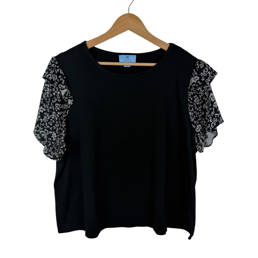 CeCe Black Floral Ruffle Sleeve Top Size 2X Neutral Chic‎ Stretch Dainty Comfy